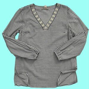 Michael Kors womens tunic L blue striped  white "Seashore"embelished blouse